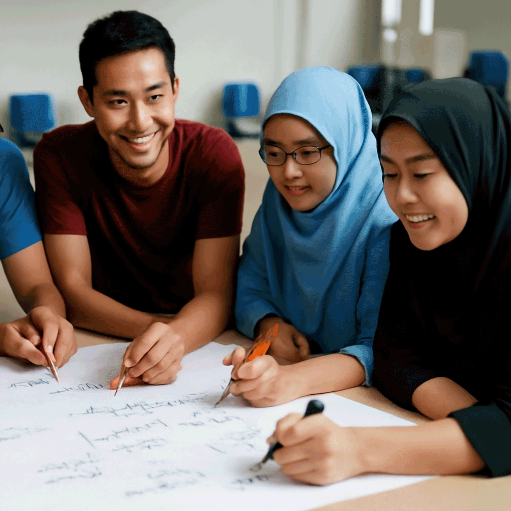 Design a photorealistic image showcasing a collaborative project meeting led by MACPA. The scene should feature individuals from various backgrounds brainstorming ideas around a table with presentations and blueprints. Bright, engaging lighting should enhance the collaborative atmosphere, with a color palette of greens and blues representing collaboration and trust. Include props such as notepads, sticky notes, and project plans. The focus should be on expressions of enthusiasm and determination, illustrated in high resolution.