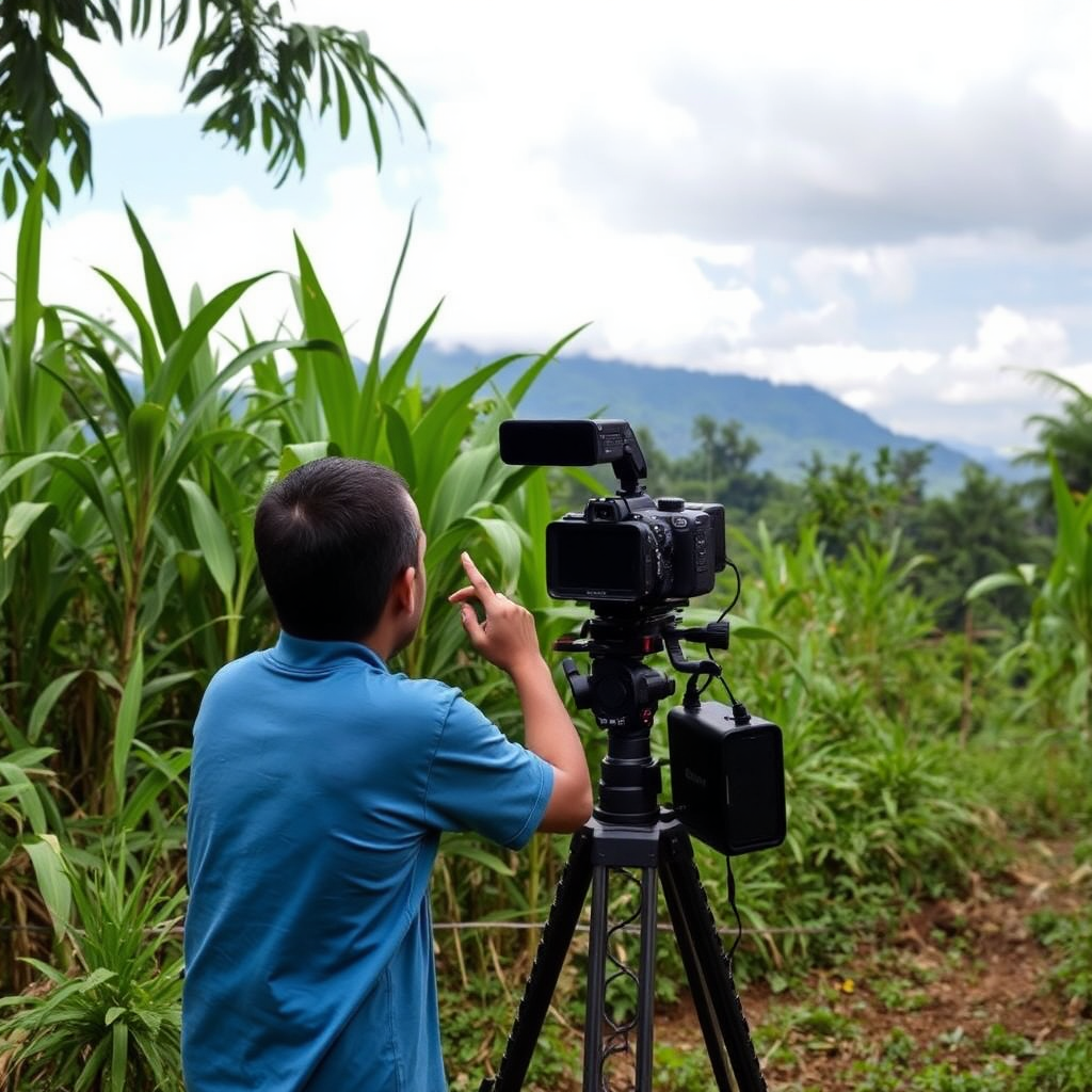 Create a compelling image that represents the documentary production process at MACPA. The scene should depict a film crew capturing community activities, with cameras and equipment focused on meaningful interactions. Soft, natural lighting should enhance the genuine emotion of the moment. A color palette of warm earth tones should provide an inviting atmosphere. Include details such as film equipment and enthusiastic participants, capturing the authenticity of storytelling in high quality.