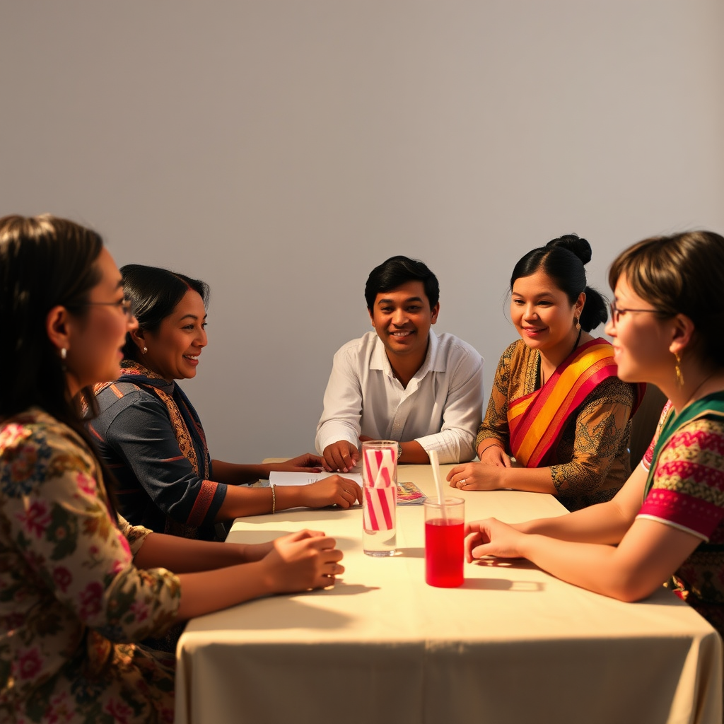 Illustrate a cultural exchange event in a lively image. The composition should display diverse participants engaging in cultural performances, traditional dances, and culinary experiences. Vibrant lighting should enhance the festive atmosphere, with a rich color palette of reds, greens, and golds. Include details like traditional costumes, instruments, and cultural artifacts. The focus should be on joyful interactions and the sharing of cultures, depicted in photorealistic detail.