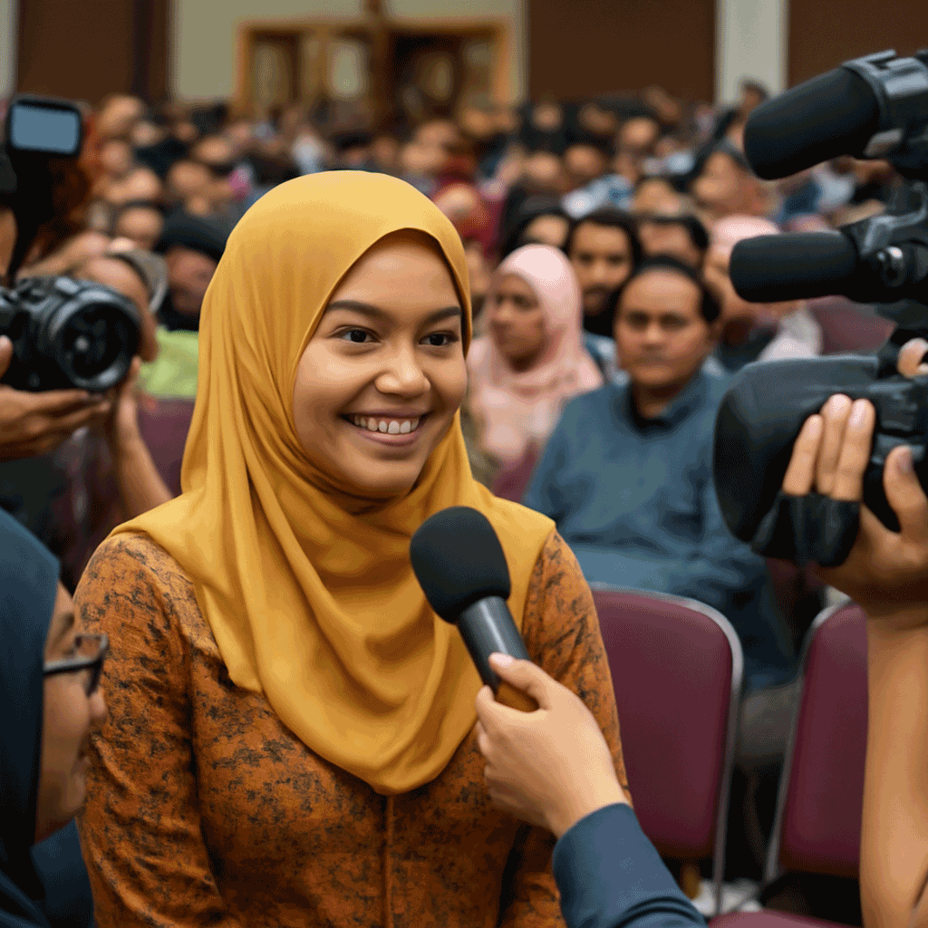 Illustrate an image showing a media crew covering a MACPA event. The scene should depict journalists interviewing volunteers, with cameras and recording devices capturing the essence of the occasion. Bright, natural lighting should enhance the excitement, and a diverse color palette should reflect the vibrancy of the event. Include props like microphones, cameras, and banners, focused on lively interactions and community engagement in engaging detail.