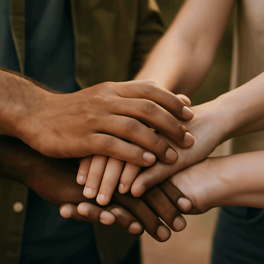 Illustrate the theme of joining hands for impact in a photorealistic image. The composition should feature a circle of diverse individuals holding hands in an open field. Bright, warm lighting symbolizes hope and togetherness. The color palette should include greens, yellows, and earth tones, representing harmony with nature. Include texture details highlighting skin tones and clothing diversity, with props like community banners or local wildlife in the background. The scene should evoke a sense of unity and purpose, rendered in high resolution.